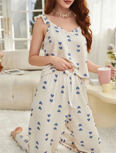 Kadın Ekru Mavi Kalp Desenli Yumuşak Pamuklu Uzun Pijama Takımı 5137