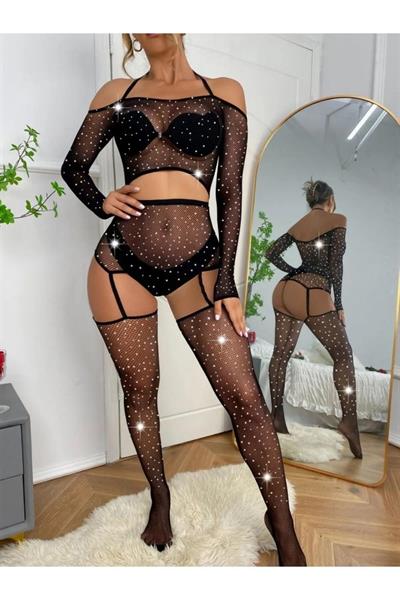Kadın Göğüs Dekolteli Taşlı Jartiyer BodySuit Siyah Vucut Çorabı 1004