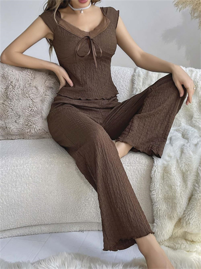 Kadın Kahverengi Kurdela Detaylı Yumuşak Pamuklu Uzun Pijama Takımı 5135