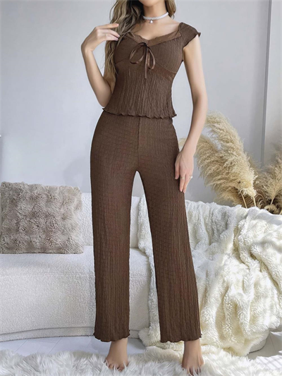 Kadın Kahverengi Kurdela Detaylı Yumuşak Pamuklu Uzun Pijama Takımı 5135