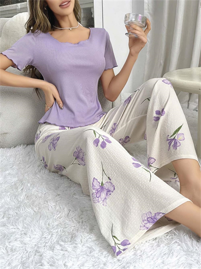 Kadın Mor Çiçek Desenli Yumuşak Pamuklu Uzun Pijama Takımı 5133