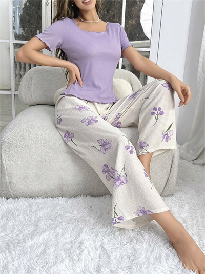 Kadın Mor Çiçek Desenli Yumuşak Pamuklu Uzun Pijama Takımı 5133