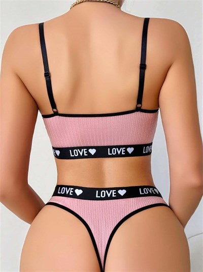 Kadın Pembe Love Yazılı Sütyen Kilot Takımı 5167