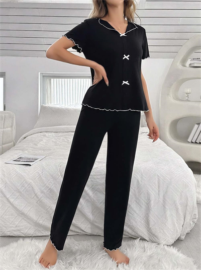 Kadın Siyah Fiyonk Detaylı Yumuşak Pamuklu Uzun Pijama Takımı 5130