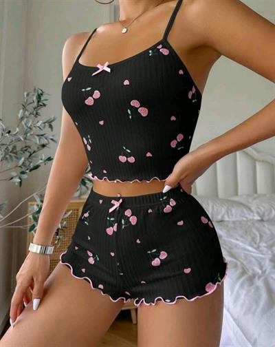 Kadın Siyah Kiraz Desenli Seksi Gecelik Takım 9003