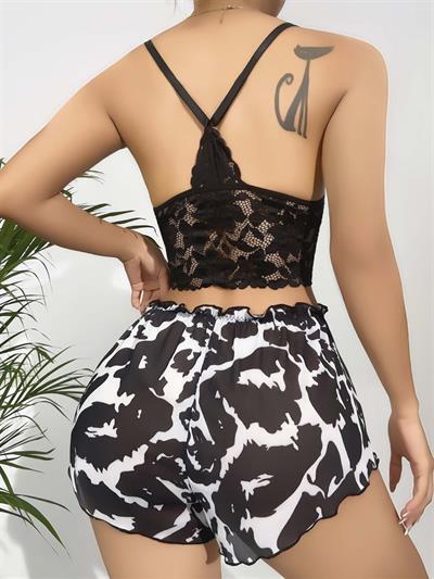 Kadın Siyah Leopar desenli Dantel detaylı Şortlu Gecelik Pijama Takımı 5055