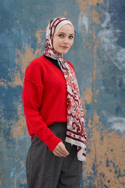 Kırmızı Beyaz Hint Vual Şal - 5004-15