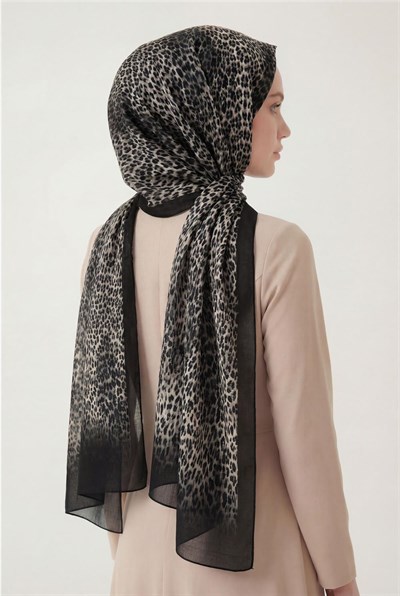 Leopar Desen Pamuklu Füme 90x200 Soft Şal