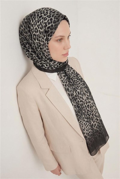 Leopar Desen Pamuklu Füme 90x200 Soft Şal