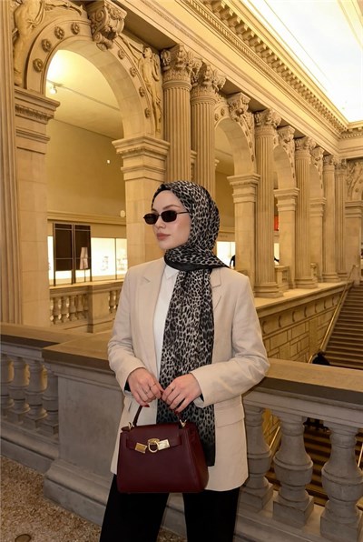 Leopar Desen Pamuklu Füme 90x200 Soft Şal