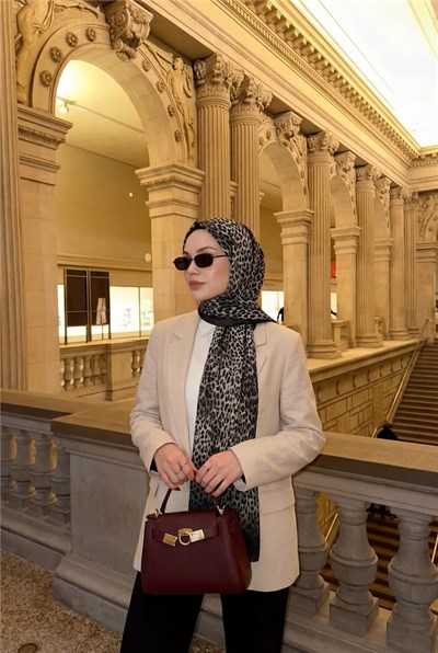 Leopar Desen Pamuklu Füme 90x200 Soft Şal