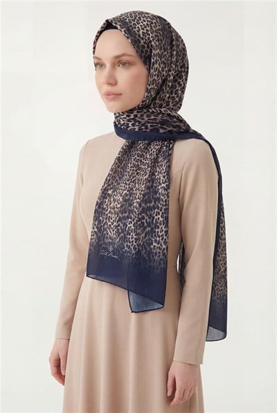 Leopar Desen Pamuklu Gece Mavisi 90x200 Soft Şal