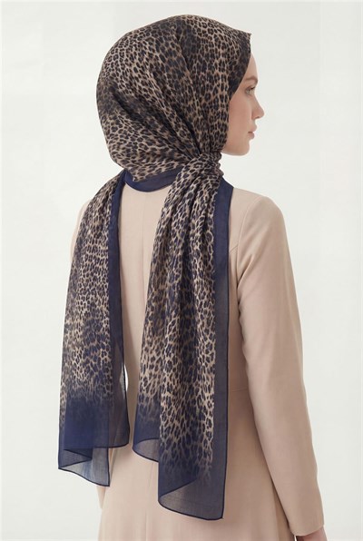 Leopar Desen Pamuklu Gece Mavisi 90x200 Soft Şal