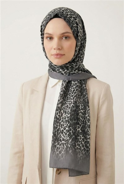 Leopar Desen Pamuklu Gri 90x200 Soft Şal