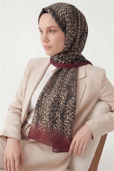 Leopar Desen Pamuklu Koyu Kırmızı 90x200 Soft Şal