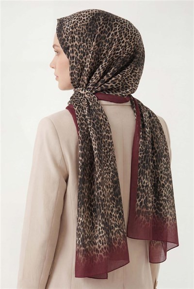 Leopar Desen Pamuklu Koyu Kırmızı 90x200 Soft Şal
