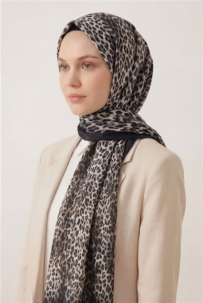 Leopar Desen Pamuklu Krem 90x200 Soft Şal