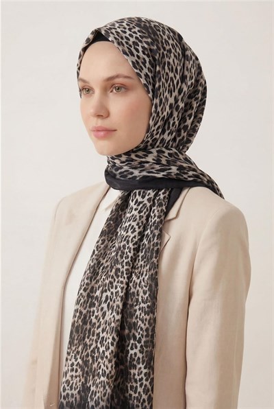 Leopar Desen Pamuklu Krem 90x200 Soft Şal