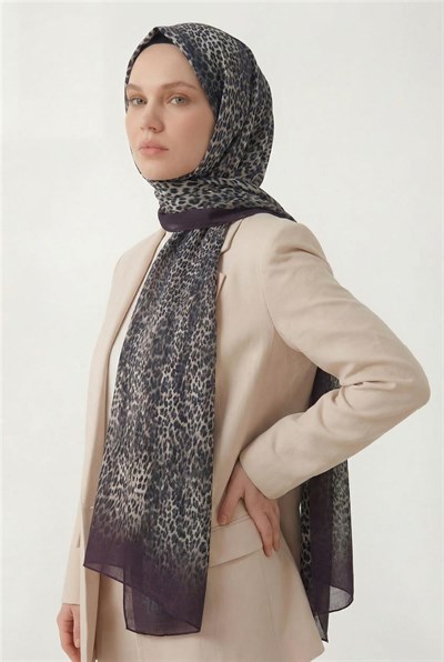 Leopar Desen Pamuklu Patlıcan Moru 90x200 Soft Şal