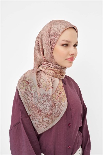 Monare Eşarp Etnik Motif Gül Kurusu 90x90