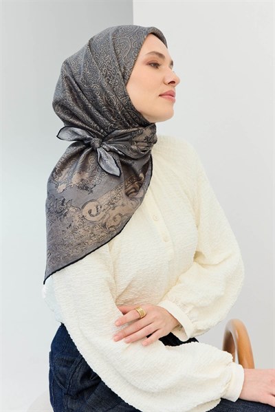 Monare Eşarp Etnik Motif Koyu Gri 90x90