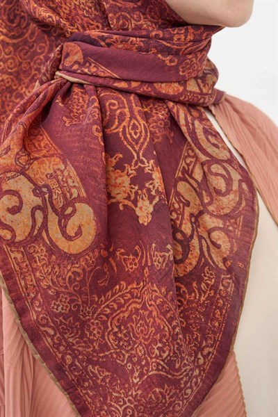 Monare Eşarp Etnik Motif Mürdüm 90x90