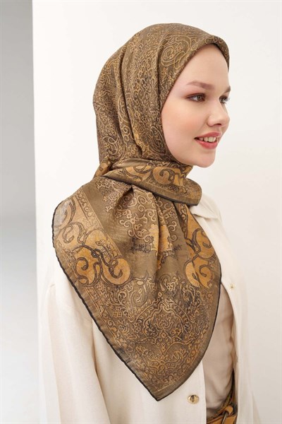 Monare Eşarp Etnik Motif Yeşil Kahve 90x90