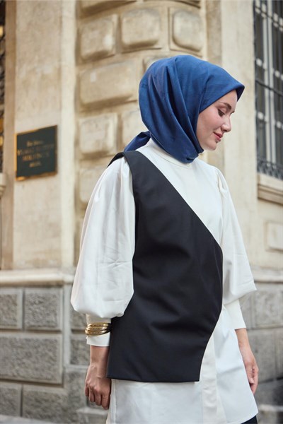 Monogram Pamuk İpek Eşarp İndigo-Lacivert Tonlu Desenli Tok Duruşlu 90x90