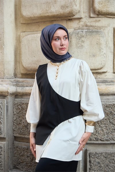 Monogram Pamuk İpek Eşarp Lacivert-Beyaz Desenli Tok Duruşlu 90x90