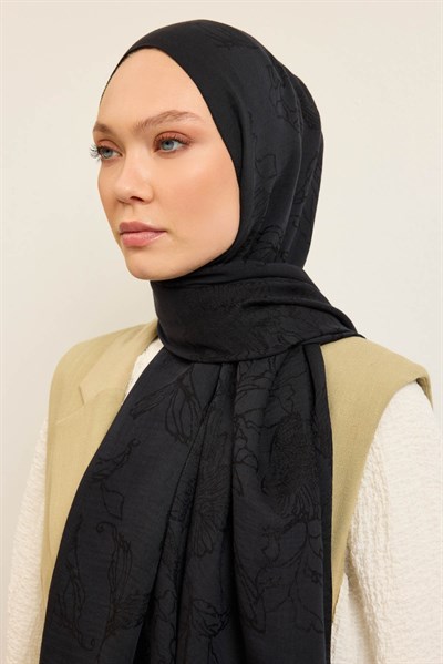 Naia Pamuk Şal Çiçek Desen Siyah