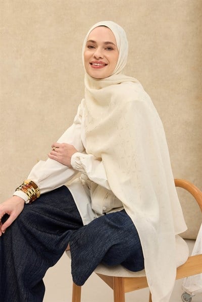 Naia Pamuk Şal Maxi Monogram Krem