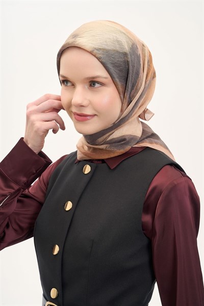 Olinda İpek Karışımlı Eşarp Soyut Desen Bej 90x90