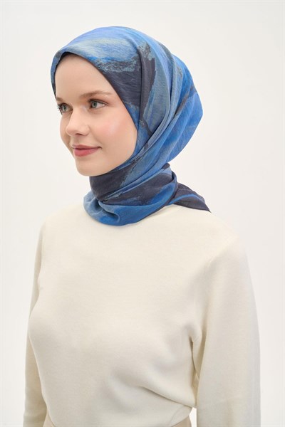 Olinda İpek Karışımlı Eşarp Soyut Desen Mavi 90x90