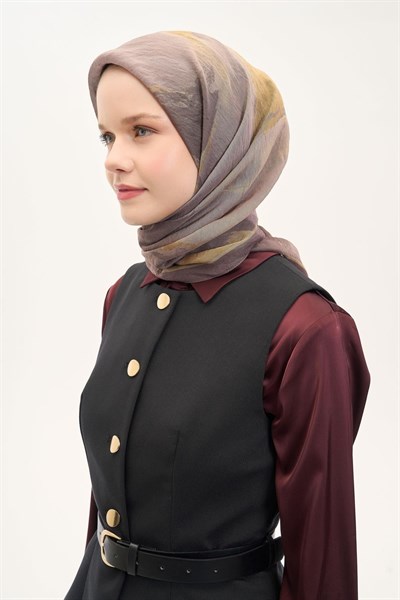 Olinda İpek Karışımlı Eşarp Soyut Desen Sütlü Kahve 90x90