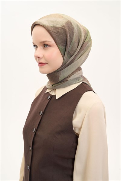 Olinda İpek Karışımlı Eşarp Soyut Desen Küf Yeşili 90x90