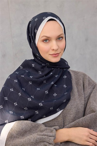 Olinda Şal Monogram Desen Gece Mavisi 75x195