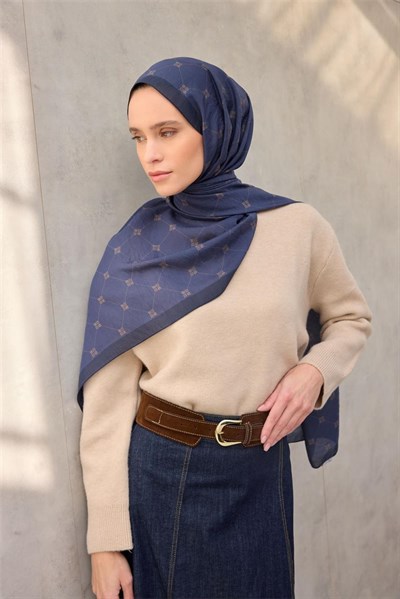 Olinda Şal Monogram Desen Mavi 75*195