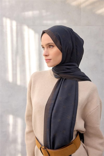 Olinda Şal Monogram Desen Siyah Lacivert 75x195