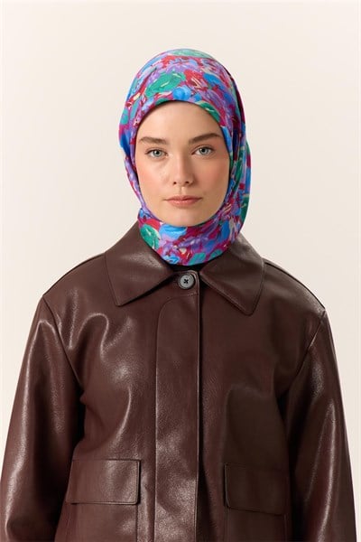 Organik Pamuk İpek Eşarp Fuşya Patina Mavi Çiçek Desenli Tok Duruşlu 90x90