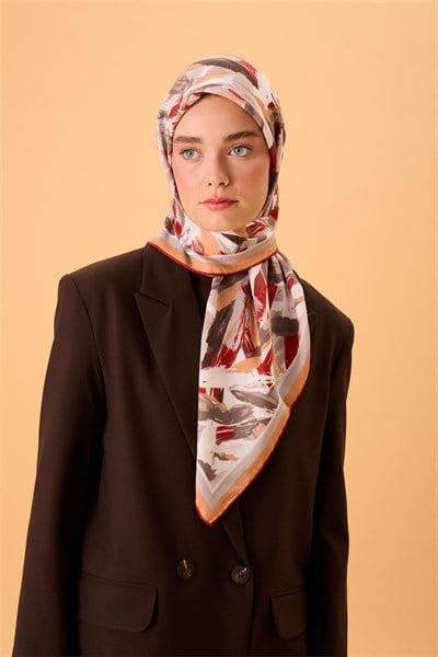 Organik Pamuk İpek Eşarp Kavuniçi-Bordo-Gri-Füme Desenli Kaymaz Tok Duruşlu 90x90