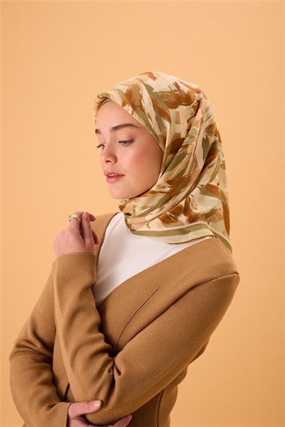 Organik Pamuk İpek Eşarp Mint Yeşili-Taba-Haki-Somon Desenli Kaymaz Tok Duruşlu 90x90