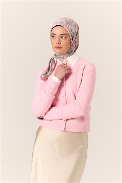 Organik Pamuk İpek Eşarp Pembe Lila Desenli Tok Duruşlu 90x90