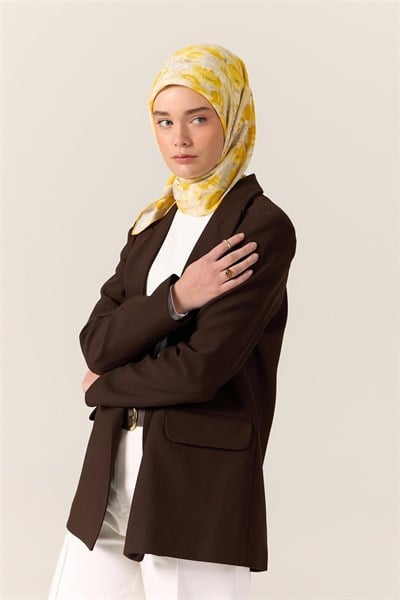 Organik Pamuk İpek Eşarp Sarı-Beyaz Desenli Tok Duruşlu 90x90