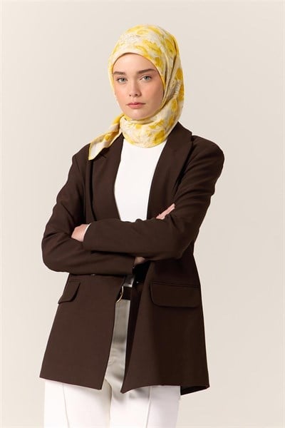 Organik Pamuk İpek Eşarp Sarı-Beyaz Desenli Tok Duruşlu 90x90