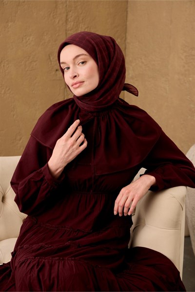 Pamuk-Flos Eşarp Bordo-Kiremit Bordo Desenli Tok Duruşlu 90x90