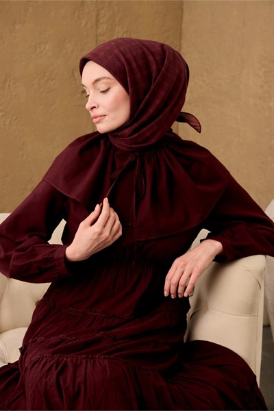 Pamuk-Flos Eşarp Bordo-Kiremit Bordo Desenli Tok Duruşlu 90x90