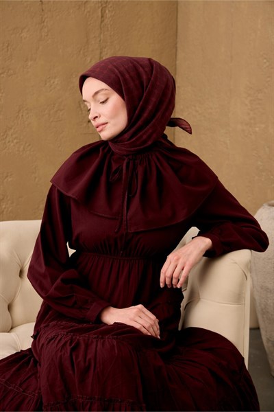 Pamuk-Flos Eşarp Bordo-Kiremit Bordo Desenli Tok Duruşlu 90x90
