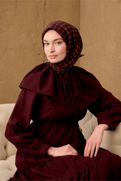 Pamuk-Flos Eşarp Kahve Bordo-Vizon Desenli Tok Duruşlu 90x90