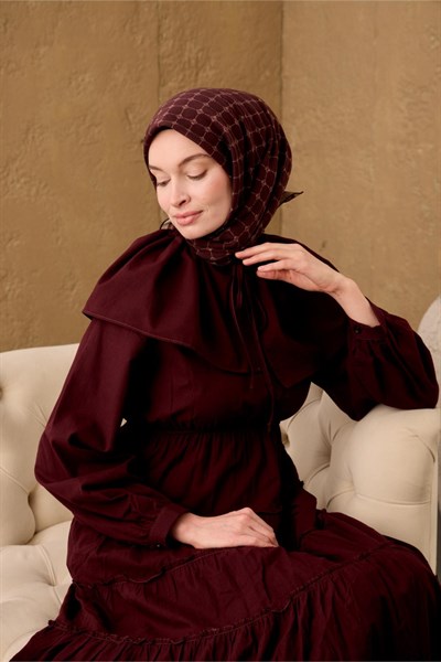 Pamuk-Flos Eşarp Kahve Bordo-Vizon Desenli Tok Duruşlu 90x90