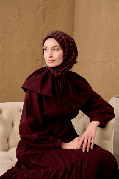 Pamuk-Flos Eşarp Kahve Bordo-Vizon Desenli Tok Duruşlu 90x90